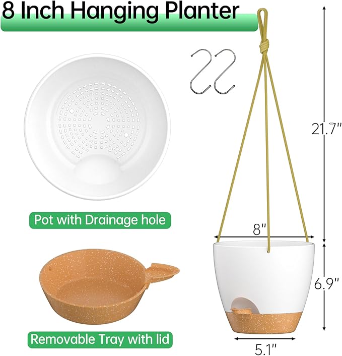 ZMTECH 8 Inch Hanging Planters for Indoor Outdoor Plants, 2 Pack Self Watering Hanging Plant Pots with Drainage Holes and Removable Saucer, Plastic Flower Hanging Pots with Watering Lip (White)