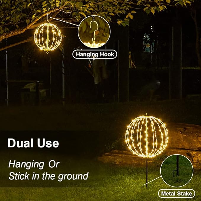 Christmas Ball Light Sphere, 16IN 128LED Hanging Tree Light and Pathway Lights with Hook and Stake, Foldable Metal Frame Light Ball for Outdoor Garden, UL Listed, Brown Frame, Warm White