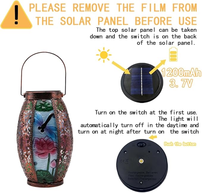 2PCS Dragonfly Solar Lanterns Glass & Metal Hanging Light Outdoor Waterproof 16" H Tabletop Lamp with Hollowed-Out Design with Shepherd's Hooks for Garden Patio Table Decor