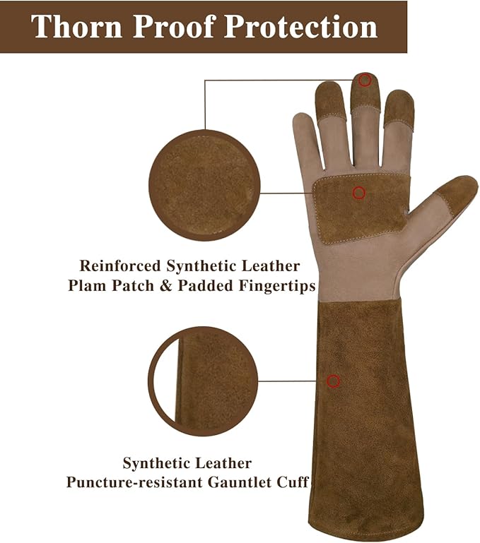 HANDLANDY Long Gardening Gloves for Men & Women, Cowhide Leather Rose Pruning Gloves- Breathable & Durable Gauntlet Gloves (Medium, Brown)