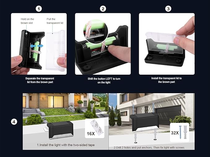 Pearlstar Solar Deck Lights - 16 Waterproof LED Solar Step Lights for Deck, Stairs, Yard, Patio, and Pathway (White, Black)