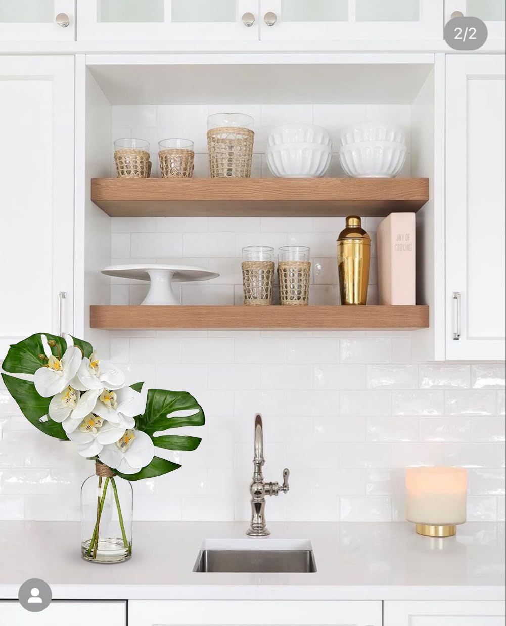 Artificial Monstera Plant and Fake Orchid in Glass Vase, 13.8" Real Touch Fake Plant Tropical Leaves Orchids Artificial Flowers with Faux Water for Home Bathroom Kitchen Office Centerpiece Room Décor