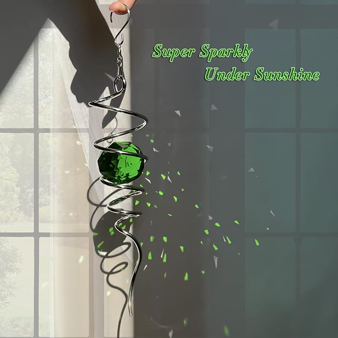 Fonmy Gazing Ball Spiral Tail -Decorative Wind Spinner Sun Catcher Rainbow Maker 11 inch Tail and 2 inch Green Crystal Orb. Indoor Outdoor Garden Decoration -13 inch Height