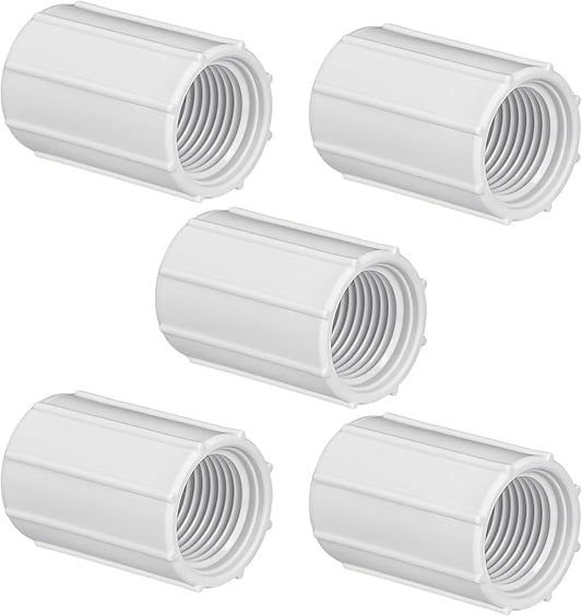 Yahenda 5 Pcs 1/2 Inch PVC Double Female Threaded Coupling Sprinkler Pipe Fitting Female Thread Pipe Fitting Garden Drip Irrigation System PVC Npt Coupler for Irrigation Tube Riser Extension (White)