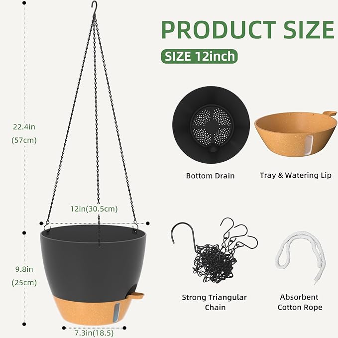 ZMTECH 12 Inch Hanging Planters for Indoor Outdoor Plants, 2 Pack Self Watering Hanging Plant Pots with Drainage Hole, Visual Reservoir, Plastic Flower Hanging Pots with Watering Lip (Black)