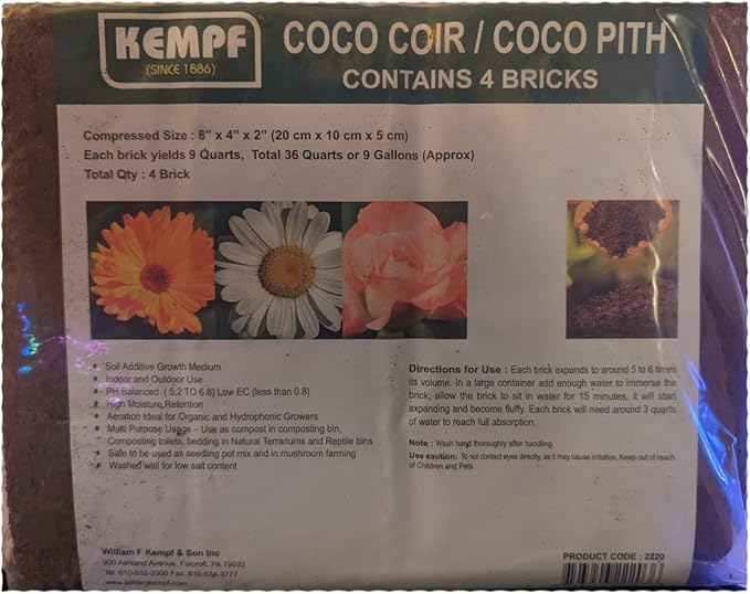 Kempf Compressed Coco Coir Bricks, Growing Medium, 4 Bricks, Organic, Garden Potting Mix, Peat Moss Alternative, Natural Certified Product. Total Package Yield 9 gallons