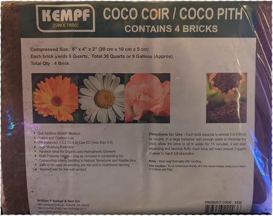 Kempf Compressed Coco Coir Bricks, Growing Medium, 4 Bricks, Organic, Garden Potting Mix, Peat Moss Alternative, Natural Certified Product. Total Package Yield 9 gallons