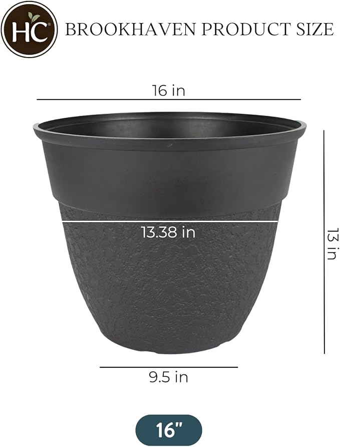 The HC Companies 16 Inch Brookhaven Decorative Round Planter - Lightweight Premium Resin Plant Pot with a Stonelike Texture for Indoor Outdoor Use, Black