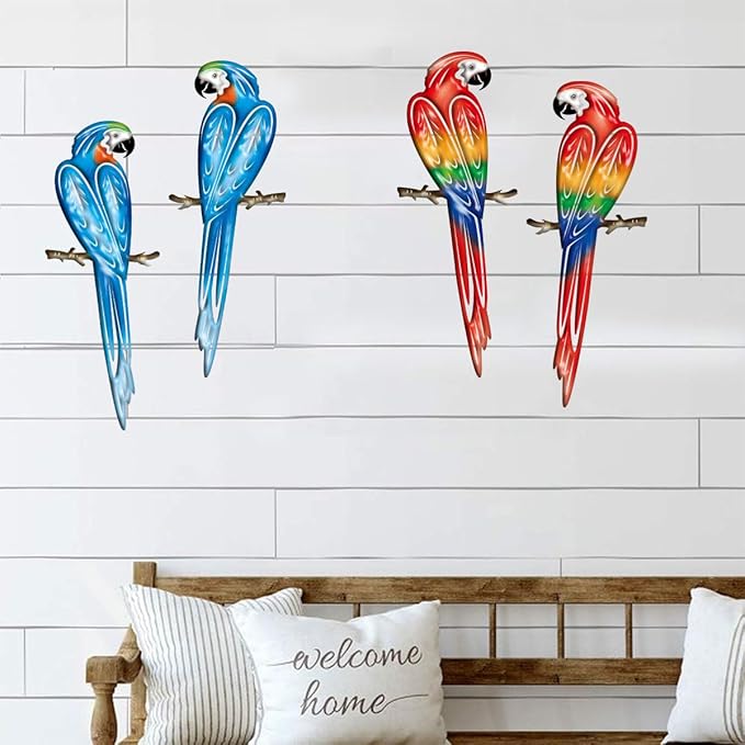 Metal Outdoor Wall Art Decor,3D Colorful Garden Birds Sculpture Outdoor Iron Hanging Parrot Decor, Metal Hand-Made Bird Wall Art Decorations for Fence Patio Balcony Living Room