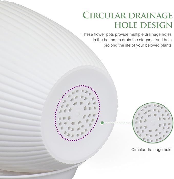 7/6.2/5.5/5/4.5/4 inch Plant Pots, 6 Pack Flower Pots for Small Indoor Outdoor Plants, Plastic Planters with Drainage Holes and Saucers for Garden Succulent House Plants, White