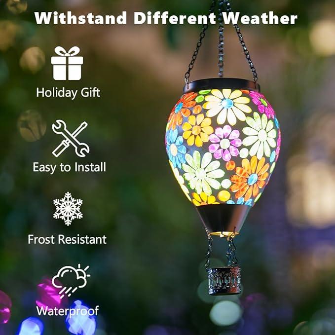 Starsoul Mosaic Flowers Hot Air Balloon Solar Lantern Glass Outdoor Hanging Hot Air Balloon Solar Flickering Flame Light Waterproof Garden Patio Yard Party Decorations