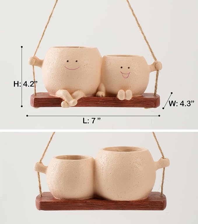 Cute Couple Swing Planter with Smiley Face,Couple Planter Pot,Hanging Swing face Pot,Hanging Plant Pot for Indoor Outdoor Plants, (Khaki)