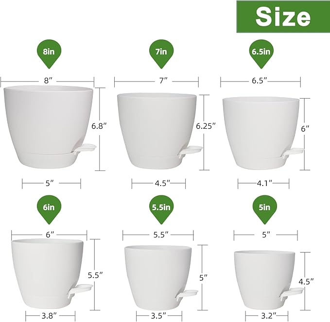 Planters for Indoor Plants, 8/7/6.5/6/5.5/5 Inch Self Watering Planters with Drainage Hole, Plastic Planters Flower Pots for Indoor Outdoor Plants (Matte White)