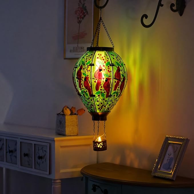 DREAMSOUL Cardinal Large Solar Hot Air Balloon Lantern with Flame, Glass Hanging Solar Lanterns Outdoor Waterproof for Garden Yard Patio Decor