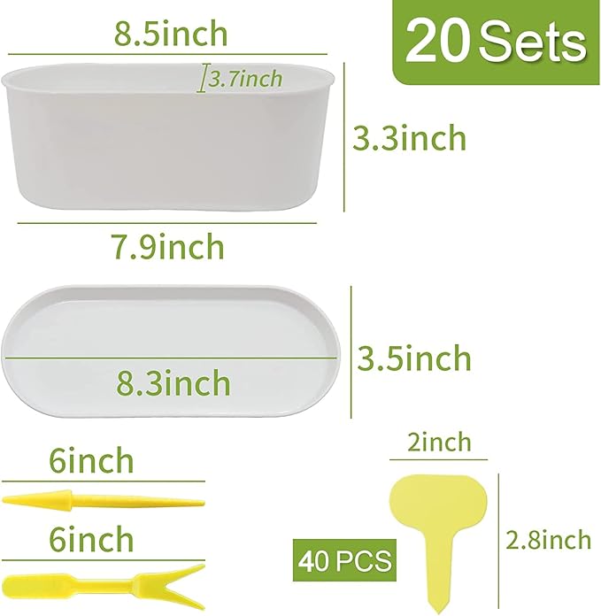 20 Set Window Herb Planter Box Rectangular,8.5x3.5 Inch White Plastic Planters with Multiple Drainage Holes and Trays,Indoor Succulent Cactus Mint Flower Pot for Windowsill,Garden Balcony