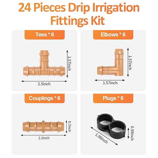 Drip Irrigation Fittings Kit for 1/2" Tubing, 24 Pieces Drip Line Barbed Connectors for 1/2 Inch Irrigation Tubing Includes 6 Couplings 6 Tees 6 Elbows 6 Plugs