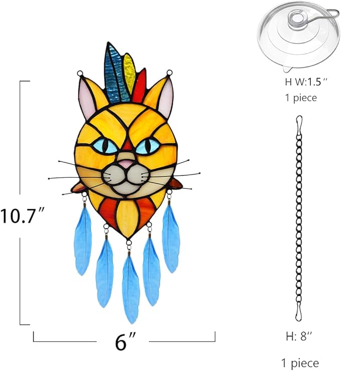 BOXCASA Orange Cat Decor Stained Glass Window Hangings,Cat Suncatcher for Window Indian Feathers Decoration,Funny Cat Decor Gifts for Cat Lovers,Cat Themed Gifts for Women