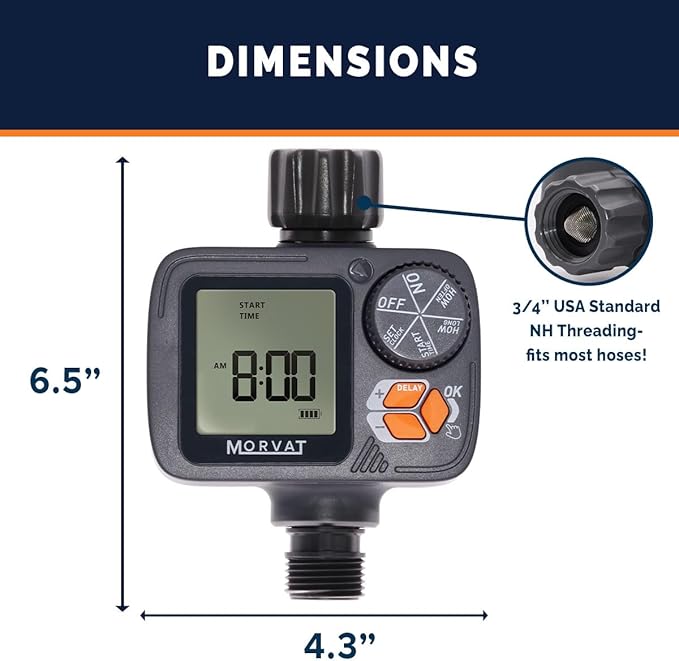 Morvat Sprinkler Timer Outdoor, Garden Hose Faucet Water Timer with Rain Delay, Programmable Automatic/Manual Modes, Watering Irrigation Timer System + Teflon Tape, 2 Spare Washers & 2 Filter Washers