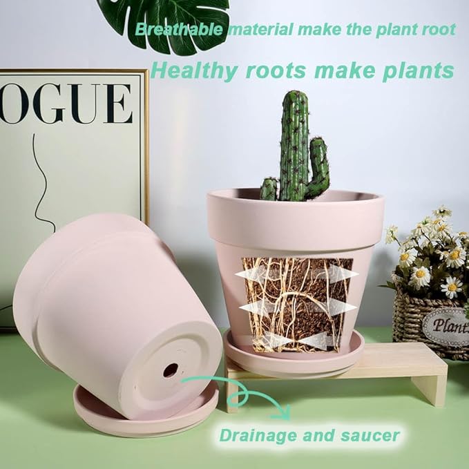 vensovo 6 Inch Pink Terracotta & Clay Pots for Plant with Saucer - 4 Pack Medium Terra Cotta Planter with Drainage Hole, Flowerpot for Indoor Outdoor Plants, Crafts, Wedding Favor
