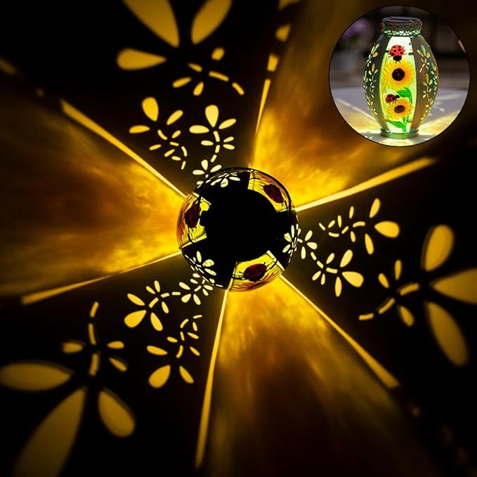 2 Pack Sunflower Solar Lantern,Retro Solar Lanterns Outdoor Waterproof,Stained Glass & Metal Hanging Solar Lantern,LED Tabletop Lamp Solar Lights,Sunflower Outdoor Solar Lanterns for Pathway