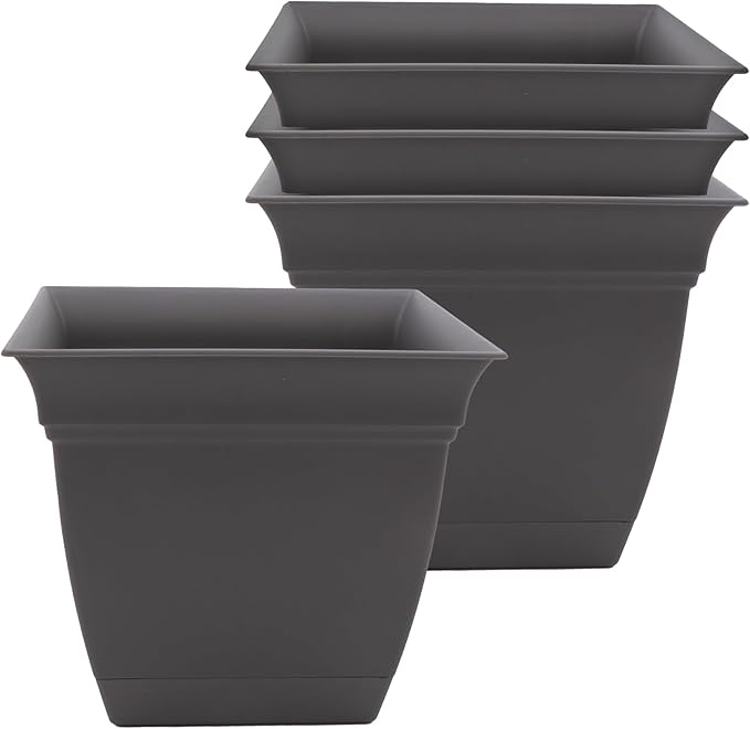 The HC Companies 8 Inch Eclipse Square Planter with Saucer - Indoor Outdoor Plant Pot for Flowers Vegetables Herbs, Warm Gray (Pack of 4)