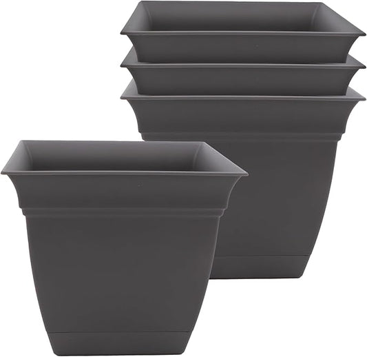 The HC Companies 8 Inch Eclipse Square Planter with Saucer - Indoor Outdoor Plant Pot for Flowers Vegetables Herbs, Warm Gray (Pack of 4)