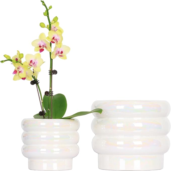 7.8 Inch + 5.7 inch 2 pcs Ceramic Plant Pots for Indoor Plants, Rainbow Pearl Glaze Planter with Planters for Plants with Drainage Hole, Orchid Pots, Succulent Pot, Flower Pot (White)