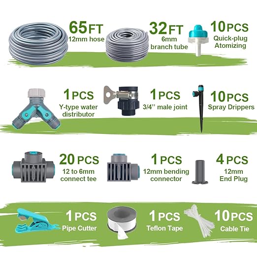 Drip Irrigation Kit, Garden Watering System with Quick Connectors,97FT Automatic Irrigation System with 12mm 6mm Irrigation Tubing Hose, Misting Watering System for Outdoor Plants