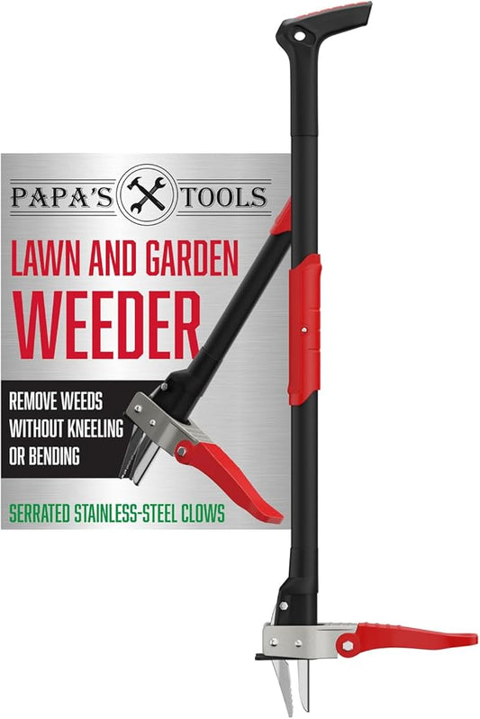 Papa's Tools Weeder - Stand Up Weed Puller Tool Made with Long Wooden Handle - Real Bamboo & 4-Claw Steel Head - Easily Remove Weeds Effortlessly Without The Need to Tug, Bend, Or Flex, (Metal)