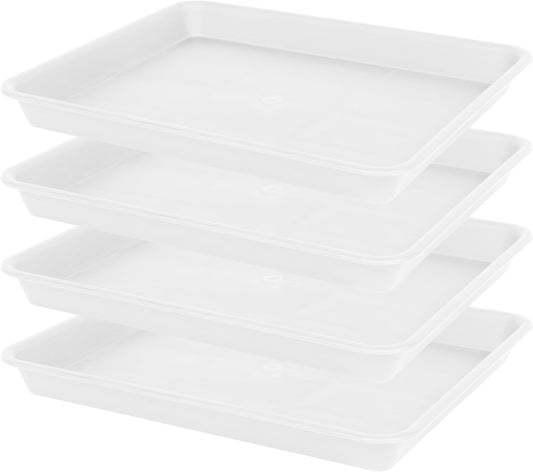 4 Pack Plant Saucer Tray Rectangular, Plant Saucers for Indoors, Heavy Sturdy Plastic Plant Drainage Trays, Plant Drip Trays for Pots, Seed Starter Growing Tray (11 x 9, Creamy White)