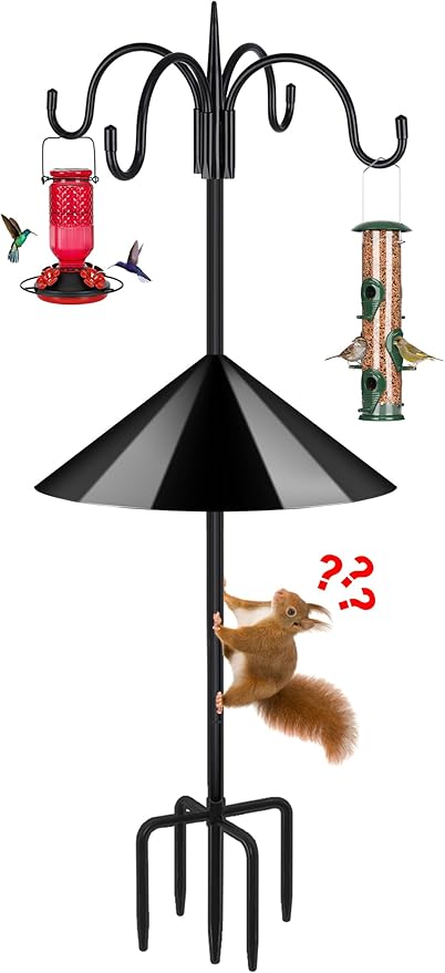 FEED GARDEN 92 Inch Adjustable Shepherd Hooks with Squirrel Baffles Heavy Duty Garden Hooks 5-Prong Base Bird Feeder Pole with Four Hooks for Hanging Plant Baskets Solar Lights Lanterns