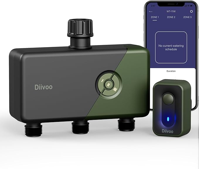 Diivoo WiFi Sprinkler Timer 3 Zone, Smart Water Hose Timer Compatible with Alexa and Google, Remote Control Irrigation Timer, Automatic Manual Watering, Rain Delay, for Garden, Yards and Lawns