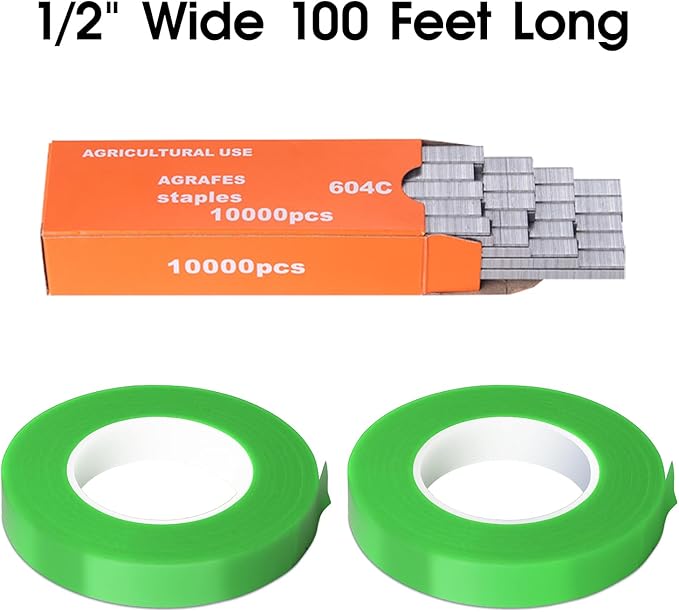 20 Rolls Green Plant Ribbon Binding Tape for Plant Tying Machine, PVC Tape Plant Ribbon Tape, Garden Tape Roll Plant Tape with 10000pcs Staples