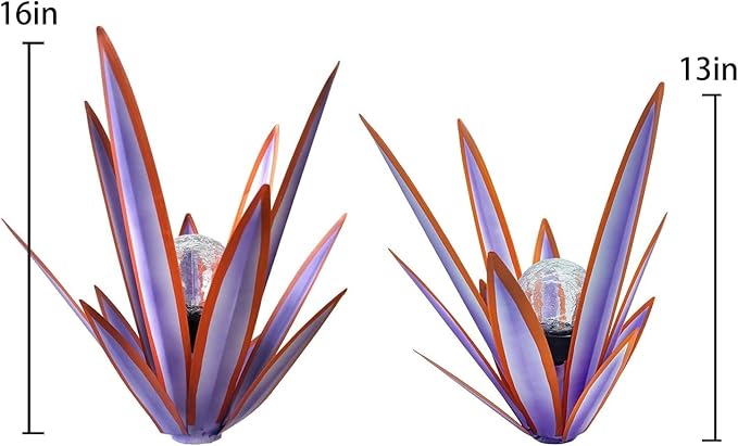 Metal Agave Plant Garden Art, 2 Pack Tequila Rustic Sculpture, Rustic Metal Agave Plants Garden Lawn Home Ornaments, for Yard Stakes, Garden Figurines, Outdoor Patio (2 PCS Purple with Light)