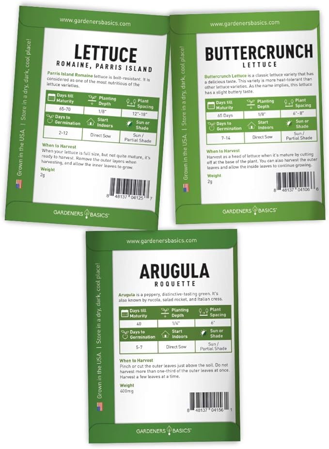 Lettuce and Greens Heirloom Vegetable Seed Non-GMO Seeds for Planting Indoors and Outdoor 5 Packs - Lettuce Buttercrunch, Romaine, Arugula, Kale and Spinach By Gardeners Basics