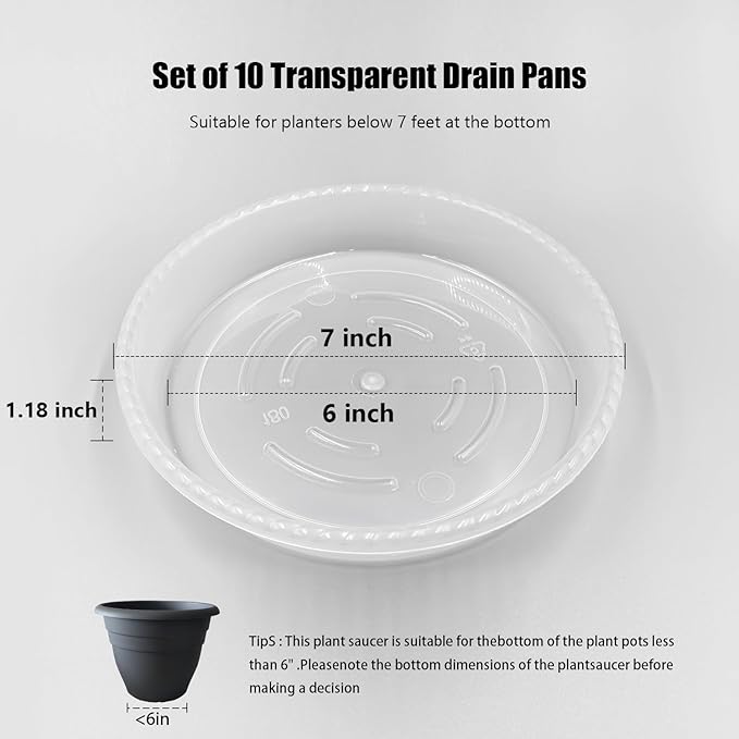 10 Pack Plant Saucer 7 Inch Clear Plant Trays for Pots Thickened Transparent Plant Saucer Tray Indoor and Outdoor Pot Saucer