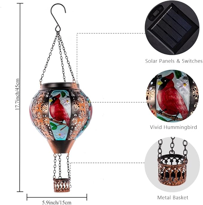 DREAMSOUL Cardinal Hot Air Balloon Solar Lantern, Metal Solar Lantern with Flickering Flame, Solar Lanterns Outdoor Waterproof for Lawn Patio Decor Christmas Gifts