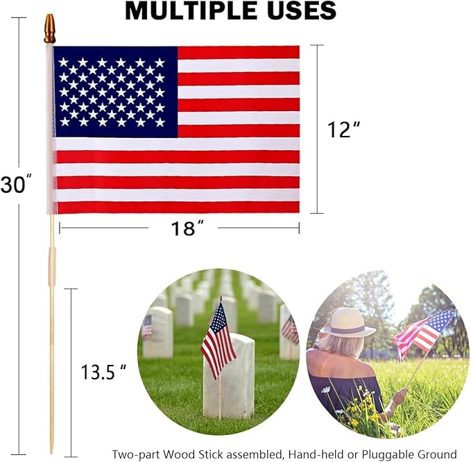 Pack of 50 American Flags with wood Stick, 12x18 Inch US Flags/American Hand Held Stick Flags with Kid-Safe Spear Top, Perfect for Patriotic Decorations, Parades, Veteran Party