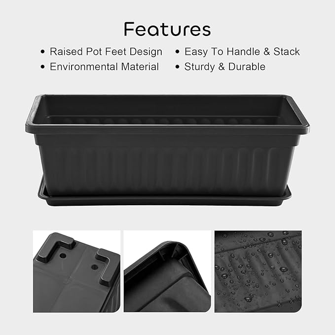 GROWNEER 6 Packs 17 Inches Black Flower Window Box Plastic Vegetable Planters Long Pots with 15 Pcs Plant Labels for Outdoor Indoor Windowsill, Patio, Garden, Home Decor, Porch