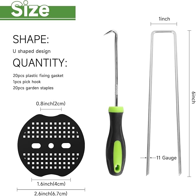 Landscape Staples Set,6 Inch 11 Gauge 20pcs Galvanized Garden Stakes + 20pcs Gaskets + 1Pick Hook,U-Shaped Tent Stakes Landscaping Fabric SOD Pins for Weed Fabric Barrier,Groud Cover,Fence