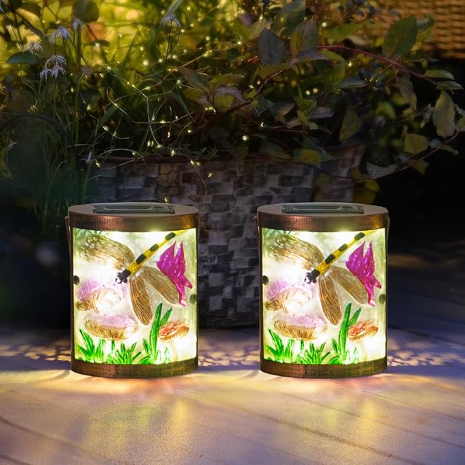 Starsoul 2 Pack Hanging Solar Lantern Outdoor Waterproof Glass Dragonfly Decorative Solar Lights for Outside Garden Yard Table Patio Decor