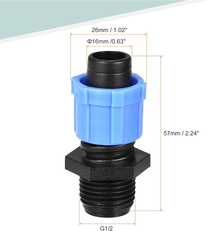 MECCANIXITY Drip Irrigation Tubing Coupling G1/2 Male Thread 16mm Barbed Locking Fitting for 16mm Drip Tape Tubing Sprinkler System Blue Pack of 10
