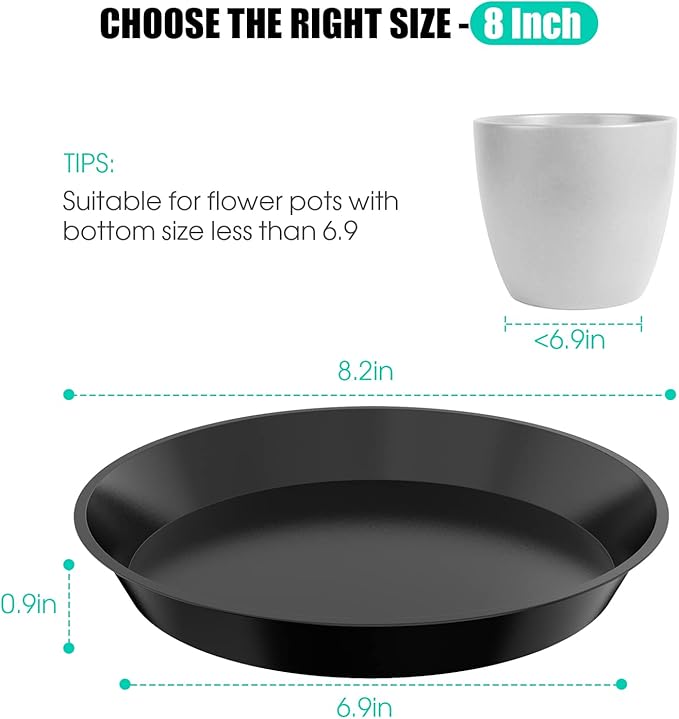 6 Pack Plant Saucer 4 6 8 10 12 14 16 18 20 22 Inch Plastic Plant Tray, Sturdy and Durable Flower Pot Container Accessories Plant Pot Saucers for Indoor and Outdoor (8 Inch, Black)