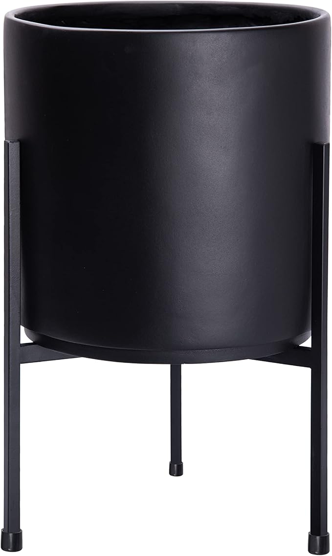 D'vine Dev Modern Black Plants Pot Cylinder Planter with Heavy Duty Stand, Medium 10 Inch Pot, 16.3 Inch with Stand Height, 96-T-B-2