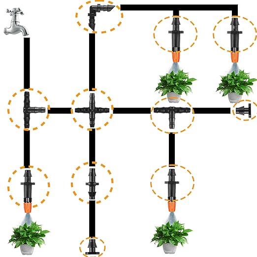 320PCS Drip Irrigation Parts, Barbed Connectors Drip Irrigation Fittings, Connect 1/4" Drip Irrigation Tubing, (End Plug,Elbows,Straight Barbs,Single Barbs,Tees, 4-Way Coupling) Drip Irrigation Kit