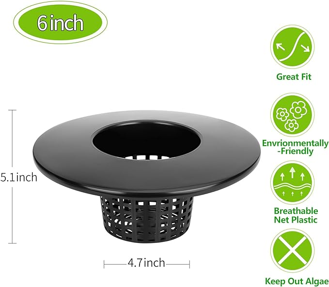 6 Inch Net Pots for 5 Gallon Bucket Wide Lids (5 Pack), Net Cups for Hydroponics Bucket Lids, BPA-Free, DWC Basket Lids for 5 and 3.5 Gallon Bucket