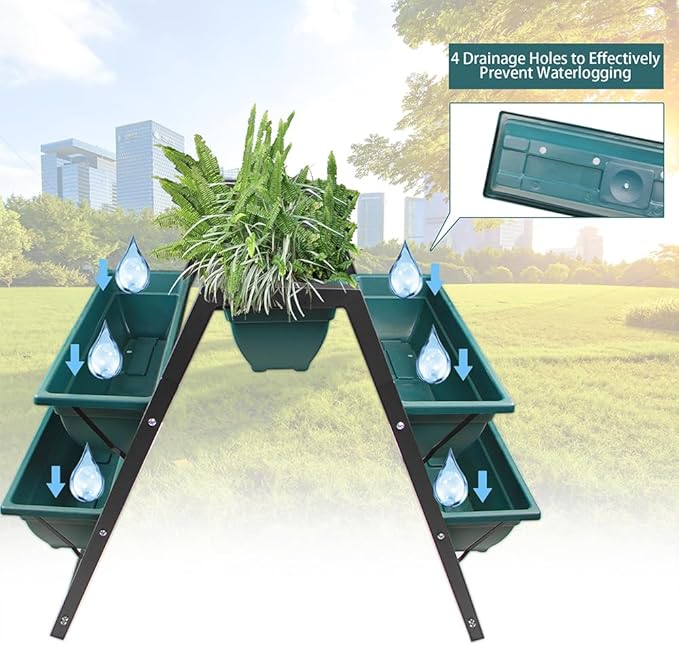 Generic Raised Garden Planter Bed, 5 Tiered Boxes, Vertical Stand for Herbs, Flowers, Vegetables, 65x91x79cm, Green, Green/Black