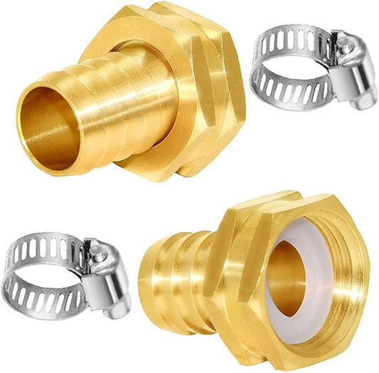 Joywayus 2Pcs 5/8" Barb x 3/4" Female GHT Thread Swivel Hex Brass Garden Water Hose Pipe Connector Copper Fitting with Stainless Clamp House/Boat/Lawn/Power Wash/Irrigation