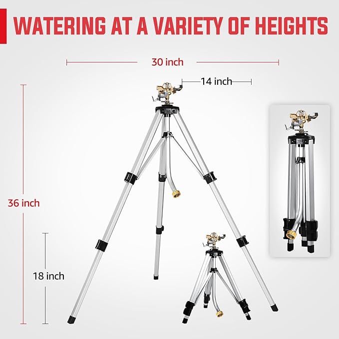 YAMATIC Impact Sprinkler on Tripod Base, 360 Degree Large Area, Heavy Duty Adjustable Pulsator Sprinkler for Lawn Yard and Grass, Spray up to 20-90ft (36inch) Brass Head, 2Pcs