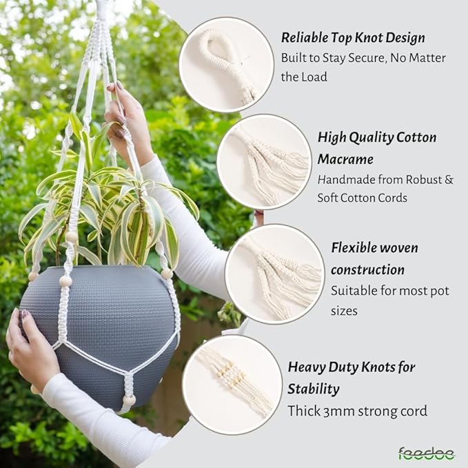 Macrame Plant Hanger, Hanging Planters for Indoor Plants Holder with Wood Beads, Hanging Plant Holder for Indoor Outdoor, Gifts for Plant Lovers, Boho Home Decor Plant Hanger, Ivory